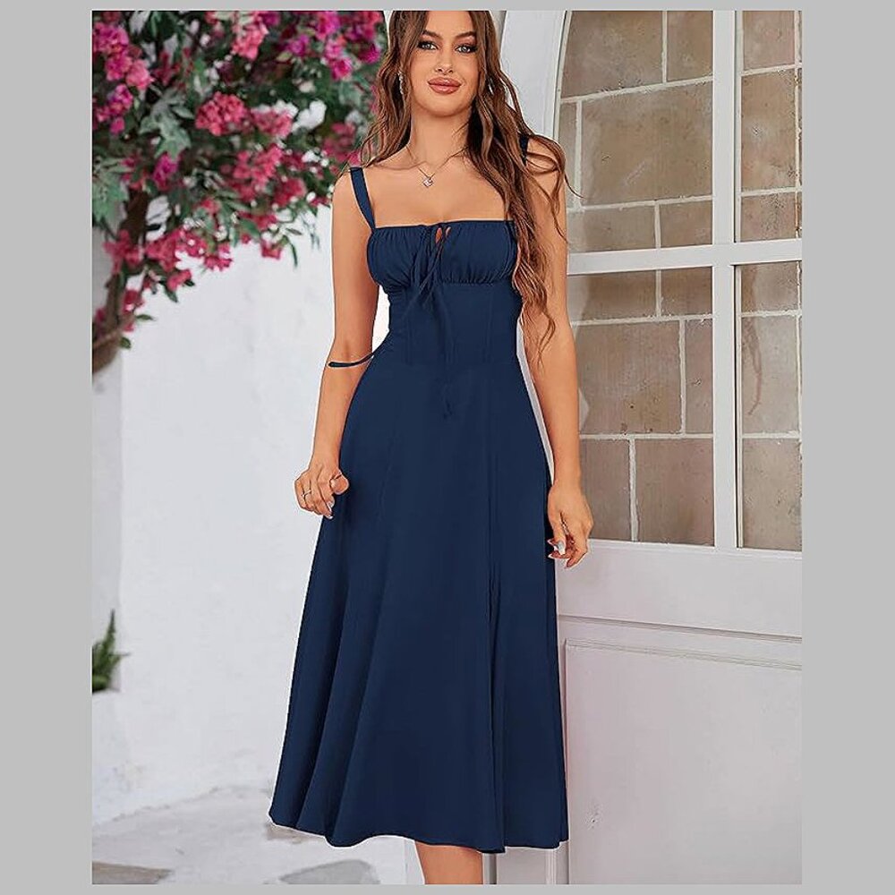 Floral Midi Corset Dress Boho Flowy Slit Lace Up Dresses for Women Solid Navy - Picture 4 of 5